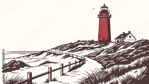 Coastal Lighthouse Illustration Seascape with Dune Path and Keepers House Nautical Graphic Design Vintage Style Beach Scene.