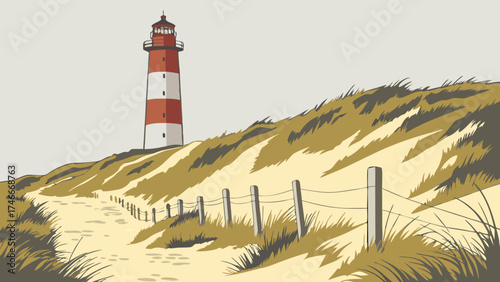 Coastal Lighthouse on Sandy Dune with Path and Fence Nautical Illustration Summer Vacation Travel Poster Design.