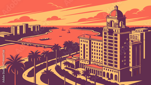 Retro Cityscape Illustration Sunset View of Buildings River and Palm Trees.