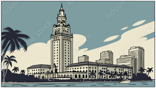 Retro Cityscape Illustration Tall Building Palm Trees and Waterfront View.