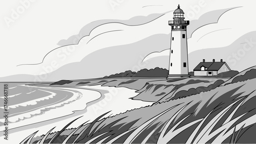 Coastal Lighthouse Scene Monochrome Illustration of Seascape with Tower and Cottage.