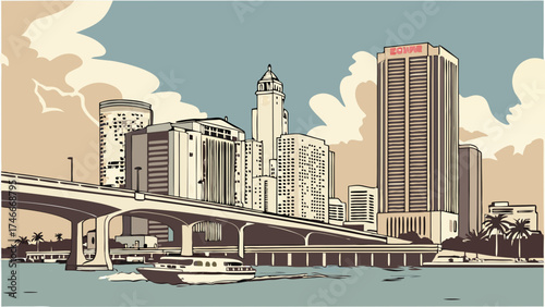 Retro Cityscape Illustration Urban Skyline with Bridge and Boat.