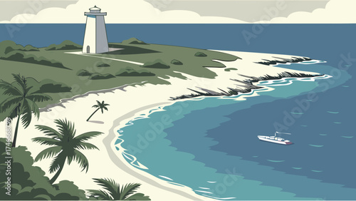 Coastal Lighthouse Scene Tropical Beach Ocean and Sailboat Illustration.