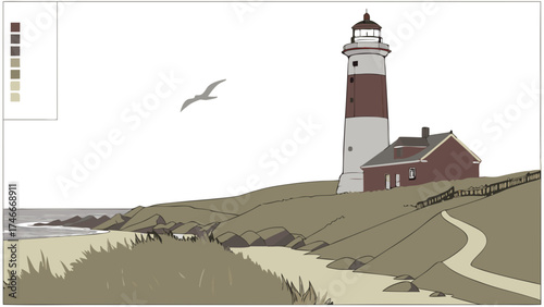 Coastal Lighthouse Seascape Illustration Bird in Flight Beach Scene Graphic Design Nautical Theme Ocean View Cliffside Path Calm Sea Coastal Landscape Maritime Art Nature Illustration.