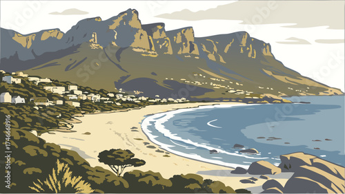 Coastal Mountain Landscape Serene Beach Scene with Ocean Waves and Cliffs.