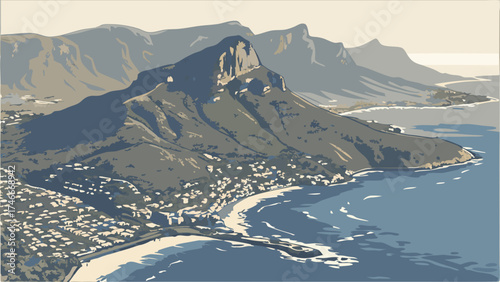 Coastal Mountain Landscape Ocean View Beach Scene Artistic Illustration Travel Poster Design.