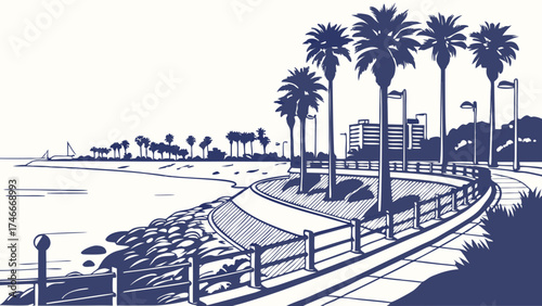 Coastal Promenade with Palm Trees and Ocean View - Summer Vacation Illustration.