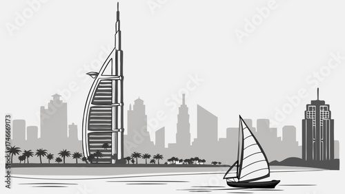 Sailboat and City Skyline Illustration Coastal Cityscape Tropical Vacation Travel Poster Design.