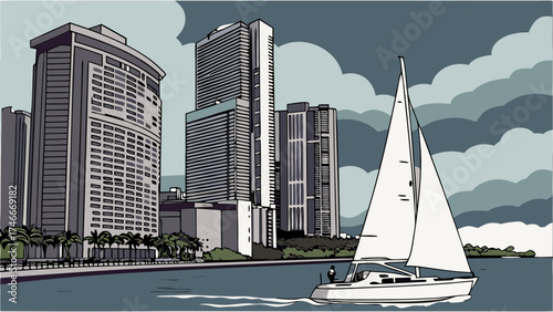 Sailboat sailing near a coastal city with skyscrapers and palm trees under a cloudy sky.