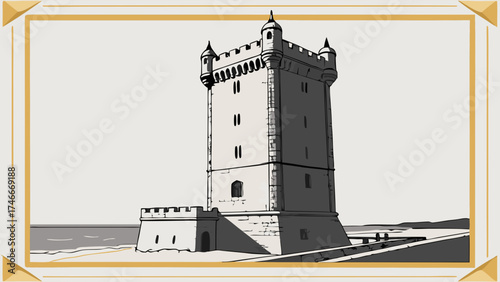 Coastal Tower Medieval Architecture Fortress Illustration Stone Structure Ocean View Historic Building Vintage Style Gray Scale Seascape Fortified Tower Crenellations Battlements Turr.