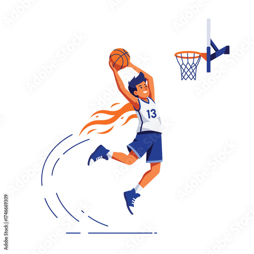 A dynamic male basketball player in mid-air executes a powerful slam dunk, showcasing athleticism, energy, and determination on the court.