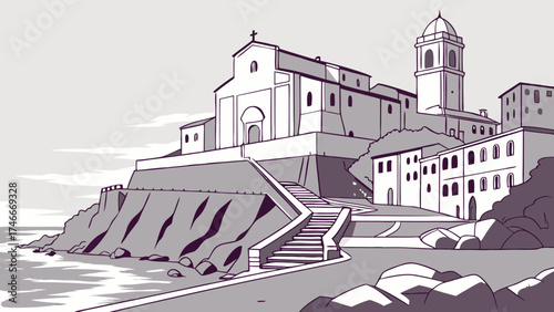 Coastal Town Church and Buildings Illustration Seaside Architecture European Style Cliffside Town Steps Leading to Church Monochrome Graphic Travel Illustration Vacation Destination Artis.