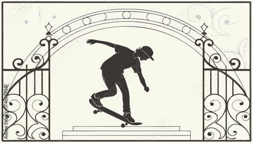 Skateboarder Silhouette Performing Trick Under Ornate Archway.