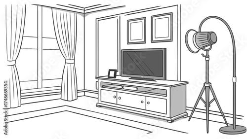Sketch of a modern living room interior with TV floor lamp and window.