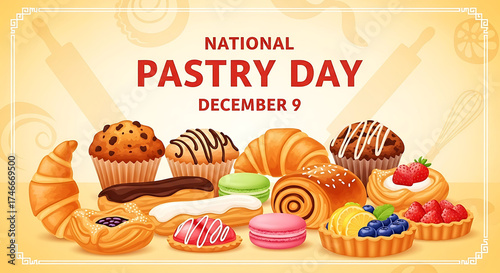 national, pastry, day, december, 9, bakery, cupcake, croissant, donut, pie, cake, cookie, danish, dessert, food, illustration, drawing, cartoon, colorful, pattern, background
