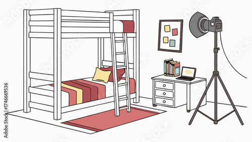 Studio Photography Setup with Bunk Bed and Desk Perfect for Interior Design Home Decor and Childrens Room Concepts.