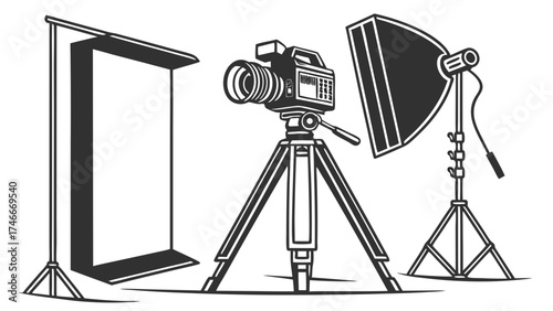 Studio Photography Setup Camera on Tripod with Lighting and Backdrop.