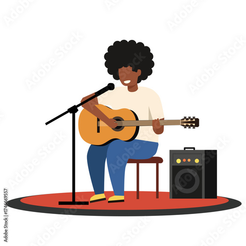 young human sitting on a stool and playing acoustic guitar with a microphone on a stand and an amplifier. Music street concert concept.