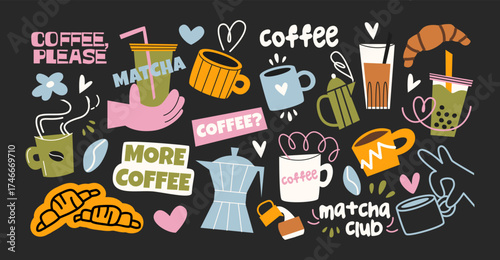  Coffee and matcha stickers in retro cartoon. Coffee makers, green tea, brewing, arabica coffee, glass, espresso, cappuccino, beans. Graphic doodle minimalist retro shapes. Coffee shop patches

