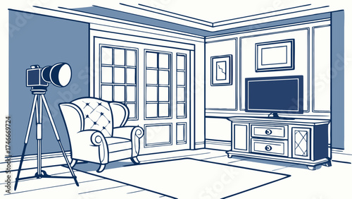 Studio room interior design sketch armchair TV stand camera equipment elegant home decor line art illustration.
