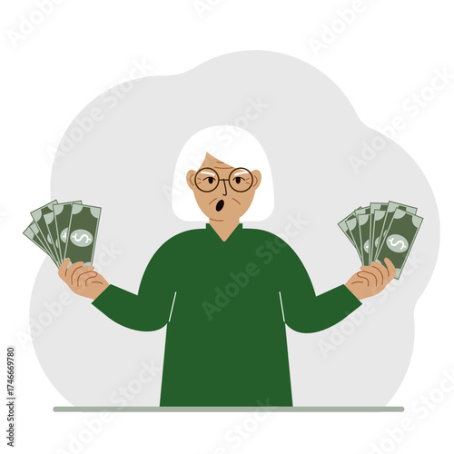 A old woman with banknotes in both hands. The concept of wealth. Vector