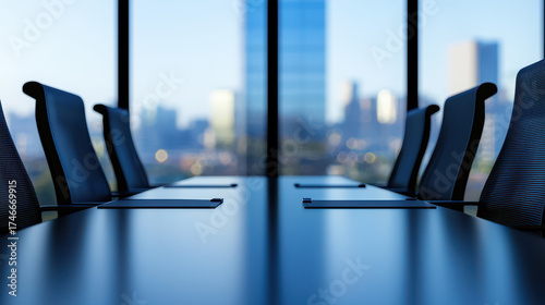 Modern conference room with long table and empty chairs, overlooking city skyline through large windows, creates professional atmosphere