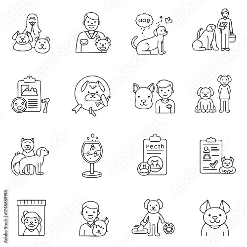 Pet Care and Veterinary Icons A Set of Black and White Line Drawings for Animal Health and Wellness