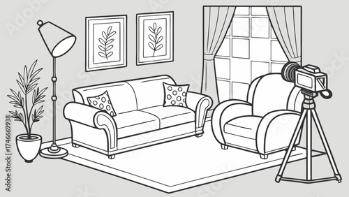 Studio Setup Modern Living Room with Camera on Tripod for Video Production or Photography Illustration.