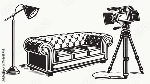 Studio Setup Vintage Sofa Camera and Lighting for Video Production or Photography.