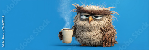 Cartoon character of a sleepy owl holding a hot coffee mug with a grumpy face on blue background with copy space, messy feathers, and a deep Monday morning mood. Caffeine-themed humor. Generative Ai.