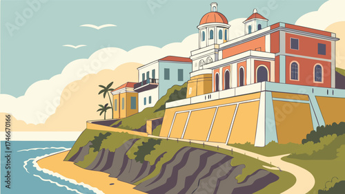 Coastal Town Ocean View Mediterranean Style Architecture Cliffside Buildings Seaside Vacation Summer Travel Tropical Paradise Beachfront Property European Style Homes Calm Ocean Waves S.