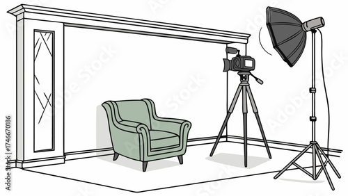 Studio Setup with Camera Lighting and Chair for Photography or Videography.