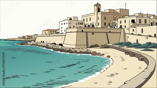 Coastal Town Ocean View Sandy Beach Historic Architecture Buildings Cityscape Seaside Mediterranean Summer Vacation Travel Tourism Illustration Cartoon Drawing Artistic Render Vint.