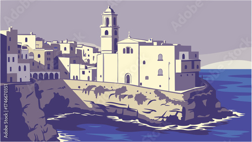 Coastal Townscape Cliffside Architecture Mediterranean Sea View Vintage Style Illustration.