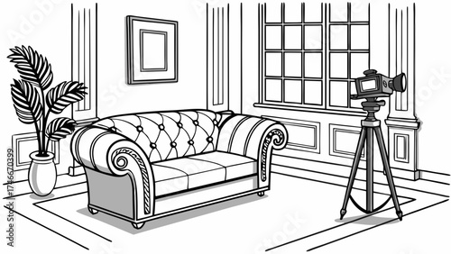 Studio Setup Camera on Tripod Interior Room Sketch Elegant Sofa Video Production Filmmaking Illustration.