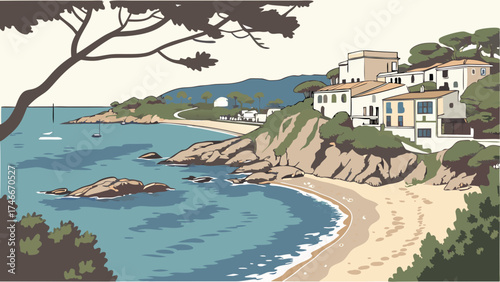 Coastal Village Seascape Mediterranean Style Houses Ocean View Sandy Beach Summer Vacation Illustration.