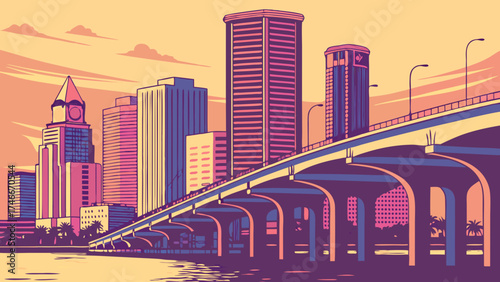 Stylized Cityscape at Sunset with Bridge and Skyscrapers.