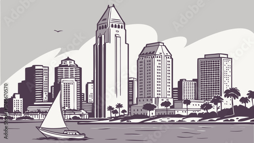Stylized Cityscape Illustration Sailboat Skyscrapers and Palm Trees by the Water.
