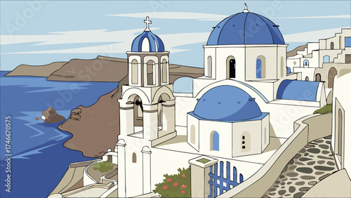 Coastal Village with Blue Domed Churches and Cliffside Views.