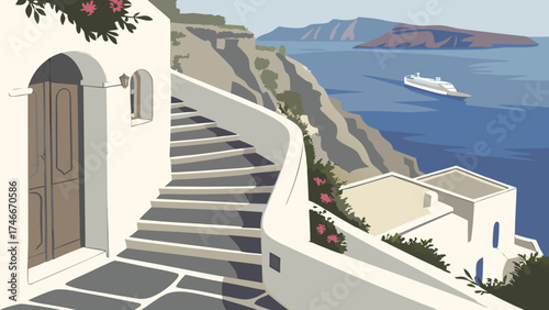 Coastal Village Staircase with Ocean View and Cruise Ship.