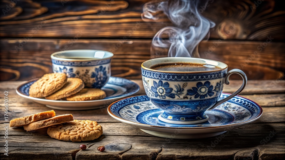 Fototapeta premium Steaming hot coffee in a vintage blue and white porcelain cup with cookies on a rustic wooden table, evoking a cozy morning atmosphere and a delightful break