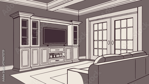 Contemporary Living Room Interior Design with Entertainment Center and French Doors.