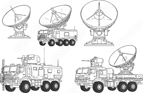 Military, satellite, communication, vehicle, dish, antenna, radar, mobile, command, tactical, infrastructure, technology, defense, transport, silhouette, vector, isolated, armored, emergency, 