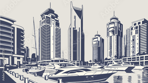 Stylized illustration of a modern harbor with skyscrapers and yachts.