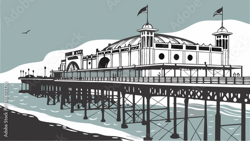 Stylized illustration of a seaside pier with a large building perfect for travel tourism and coastal themed designs.