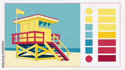 Summer Beach Lifeguard Tower Illustration with Color Palette.