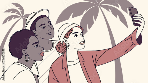 Diverse group of friends taking a selfie on vacation tropical background illustration.