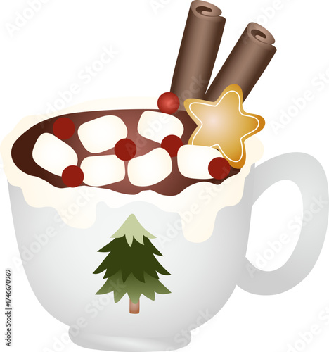 Christmas Mug with Hot Chocolate and Winter Illustration Style