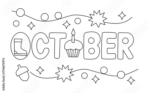 October lettering design, Autumn month doodle art, Festive October outline banner