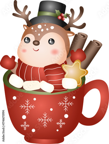 Christmas Mug Reindeer with Hot Cocoa and Winter Illustration Style